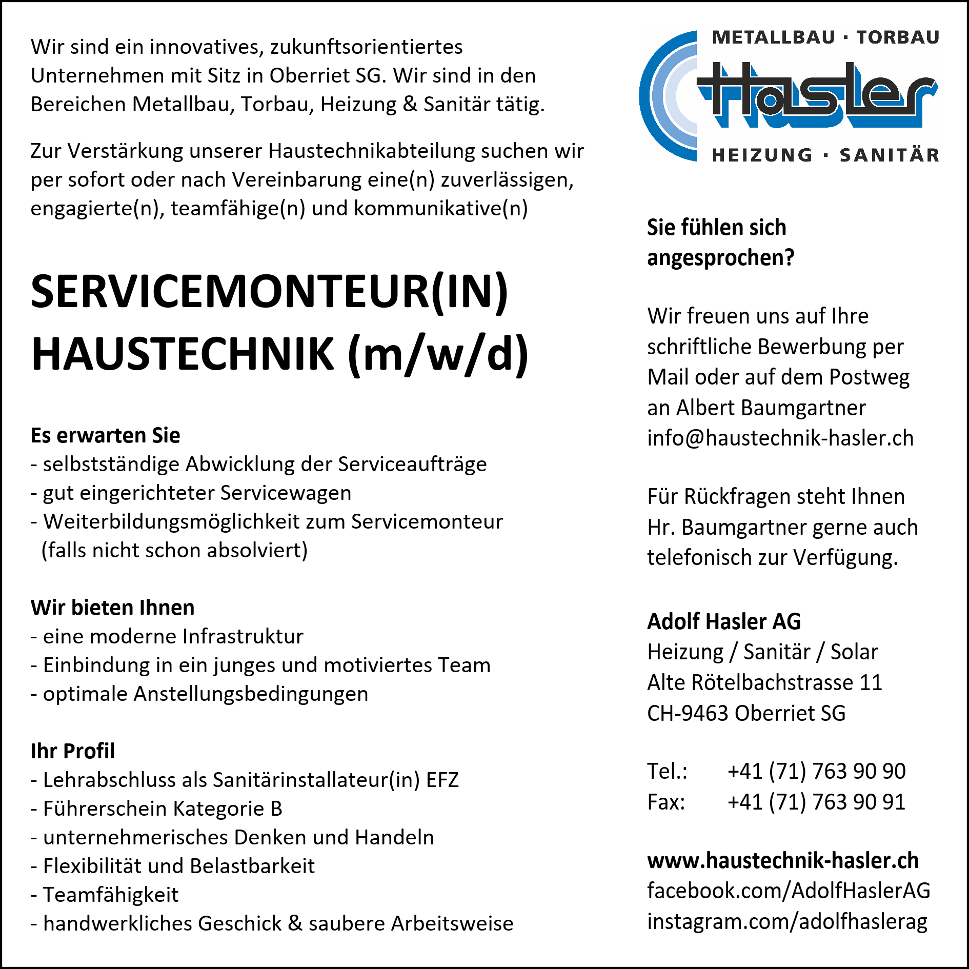 Adolf Hasler AG - Stelleninserat Servicemonteur(in) Haustechnik - 2025-08